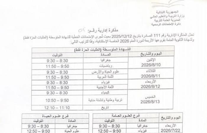 بالصورة: إليكم مواعيد الامتحانات الرسمية للدورة الاستثنائية